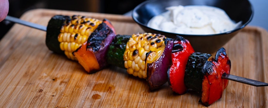 Grilled Vegetable Skewers with Creamy Garlic Chive Dip